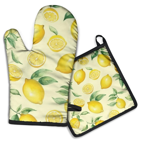 Lemon Kitchen Oven Mitt and Pot Holder Sets 2 Pcs for Baking, Cooking and Grilling, Heat Resistant Up To 392 °F