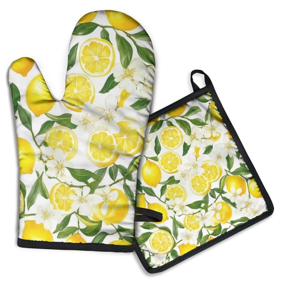 Lemon Kitchen Oven Mitt and Pot Holder Sets 2 Pcs for Baking, Cooking and Grilling, Heat Resistant Up To 392 °F