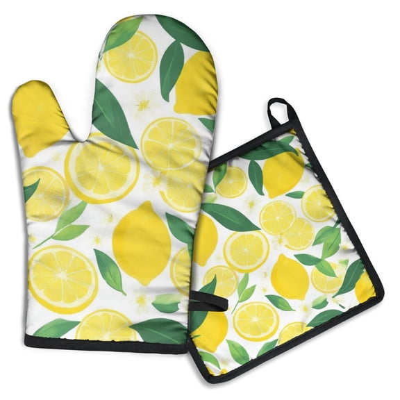 Lemon Kitchen Oven Mitt and Pot Holder Sets 2 Pcs for Baking, Cooking and Grilling, Heat Resistant Up To 392 °F