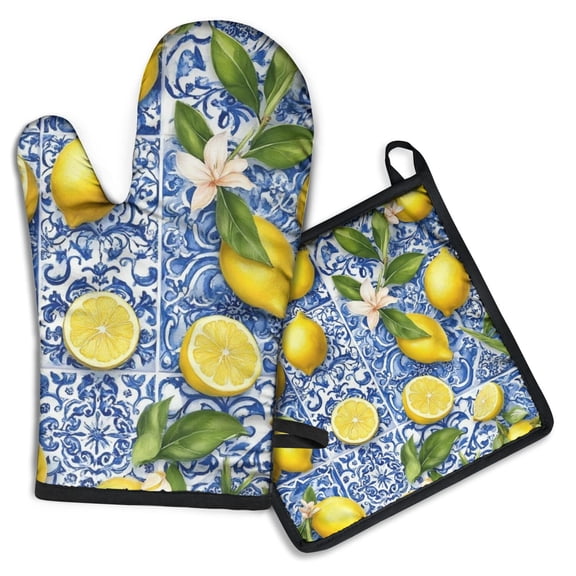 Lemon Kitchen Oven Mitt and Pot Holder Sets 2 Pcs for Baking, Cooking and Grilling, Heat Resistant Up To 392 °F