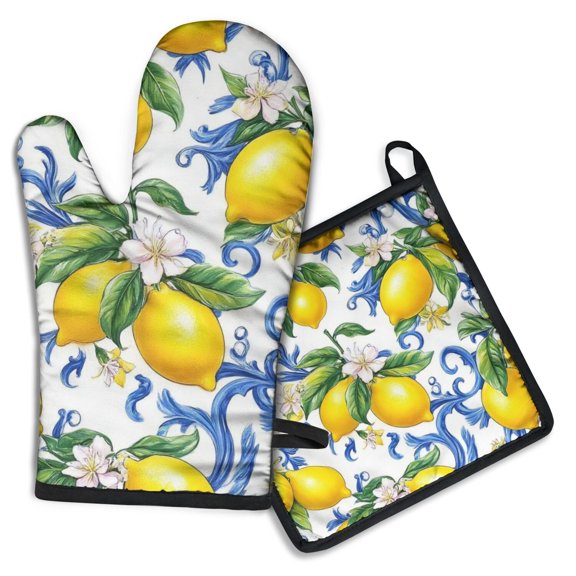 Lemon Kitchen Oven Mitt and Pot Holder Sets 2 Pcs for Baking, Cooking and Grilling, Heat Resistant Up To 392 °F