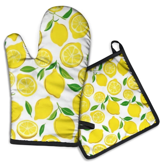 Lemon Kitchen Oven Mitt and Pot Holder Sets 2 Pcs for Baking, Cooking and Grilling, Heat Resistant Up To 392 °F