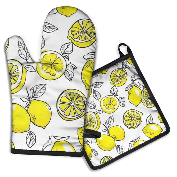 Lemon Kitchen Oven Mitt and Pot Holder Sets 2 Pcs for Baking, Cooking and Grilling, Heat Resistant Up To 392 °F