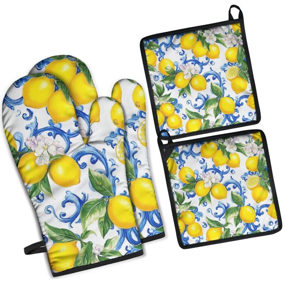 Lemon Kitchen Oven Mitt and Pot Holder Sets 4 Pcs for Baking, Cooking and Grilling, Heat Resistant Up To 392 °F