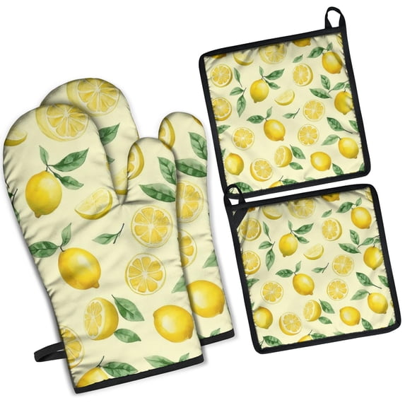Lemon Kitchen Oven Mitt and Pot Holder Sets 4 Pcs for Baking, Cooking and Grilling, Heat Resistant Up To 392 °F