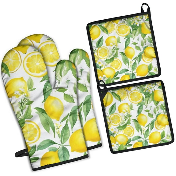 Lemon Kitchen Oven Mitt and Pot Holder Sets 4 Pcs for Baking, Cooking and Grilling, Heat Resistant Up To 392 °F