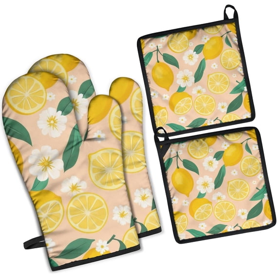 Lemon Kitchen Oven Mitt and Pot Holder Sets 4 Pcs for Baking, Cooking and Grilling, Heat Resistant Up To 392 °F