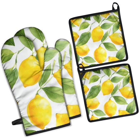 Lemon Kitchen Oven Mitt and Pot Holder Sets 4 Pcs for Baking, Cooking and Grilling, Heat Resistant Up To 392 °F