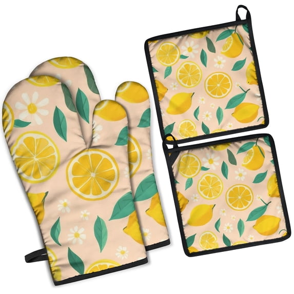 Lemon Kitchen Oven Mitt and Pot Holder Sets 4 Pcs for Baking, Cooking and Grilling, Heat Resistant Up To 392 °F
