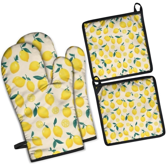 Lemon Kitchen Oven Mitt and Pot Holder Sets 4 Pcs for Baking, Cooking and Grilling, Heat Resistant Up To 392 °F