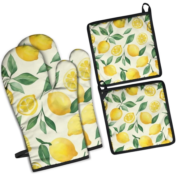 Lemon Kitchen Oven Mitt and Pot Holder Sets 4 Pcs for Baking, Cooking and Grilling, Heat Resistant Up To 392 °F
