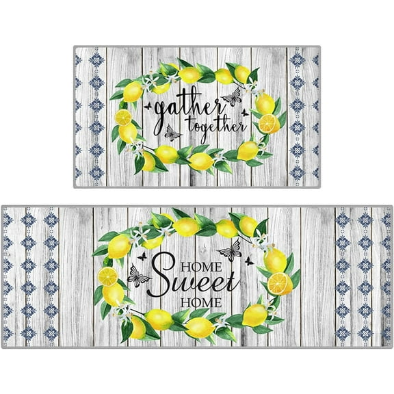 Lemon Kitchen Rug 2 Piece Set, Farmhouse Butterfly Kitchen Rugs and Mats Non Skid Washable for Floor Anti Fatigue Lemon Decor Kitchen Mat 17"x47"+17"x30"