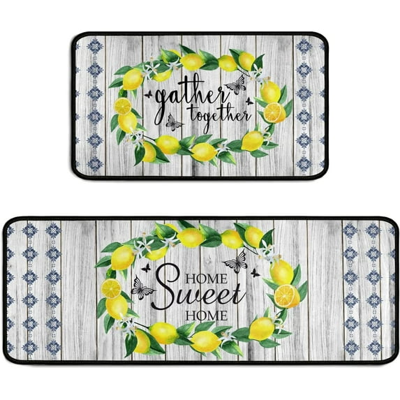 Lemon Kitchen Rug 2 Pieces Set, Washable Non-Slip Kitchen Sink Farmhouse Decor Carpet, Home Water Absorb Microfiber Cushioned Kitchen Floor Standing Mats 17"x47"+17"x30"