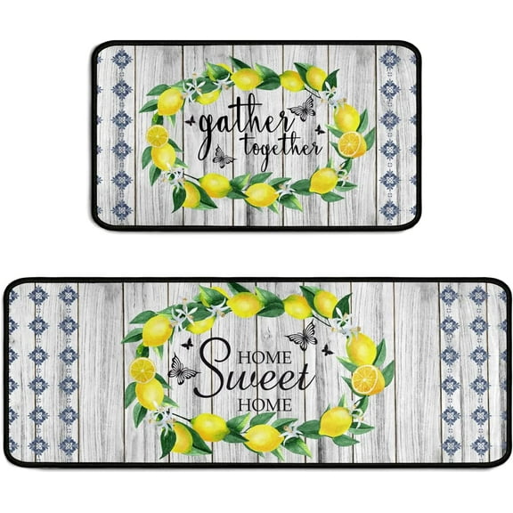 Lemon Kitchen Rug 2 Pieces Set, Washable Non-Slip Kitchen Sink Farmhouse Decor Carpet, Home Water Absorb Microfiber Cushioned Kitchen Floor Standing Mats 17"x47"+17"x30"