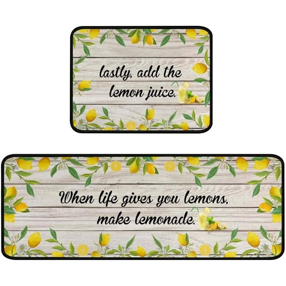 Lemon Kitchen Rug Decor Set of 2, Washable Microfiber Running Rugs Lemon Decoration Mats 17"x 47" + 17"x 23"(Crescent Grey)