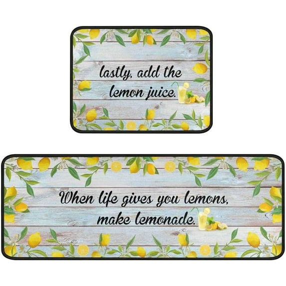Lemon Kitchen Rug Decor Set of 2, Washable Microfiber Running Rugs Lemon Decoration Mats 17"x 47" + 17"x 23" (Light Blue)