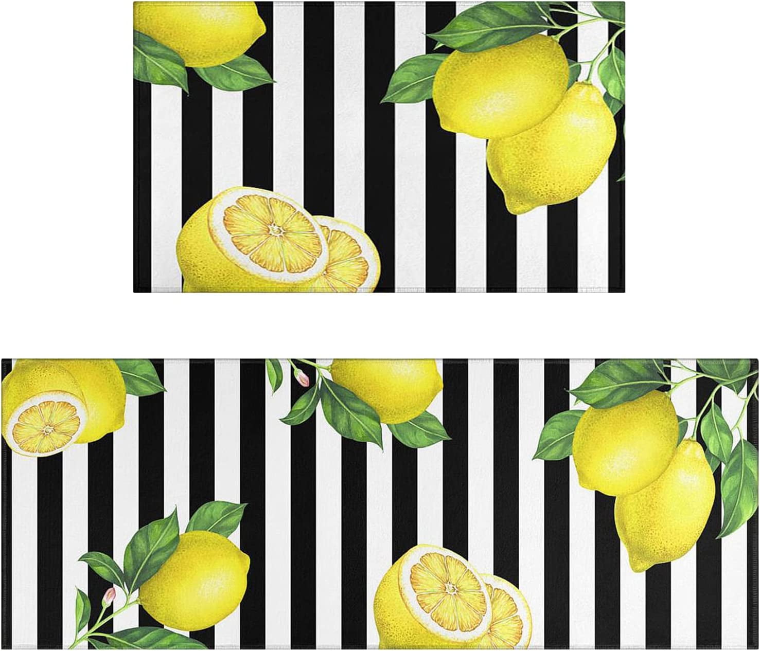 Lemon Kitchen Rug Mat Black and White Stripe Kitchen Rugs Sets of 2