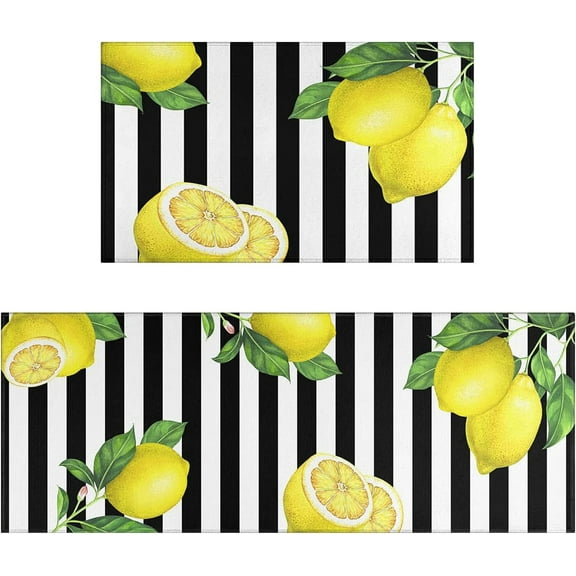 Lemon Kitchen Rug Mat Black and White Stripe Kitchen Rugs Sets of 2 Washable Kitchen Floor Mats Non Slip Lemon Decorations for Kitchen