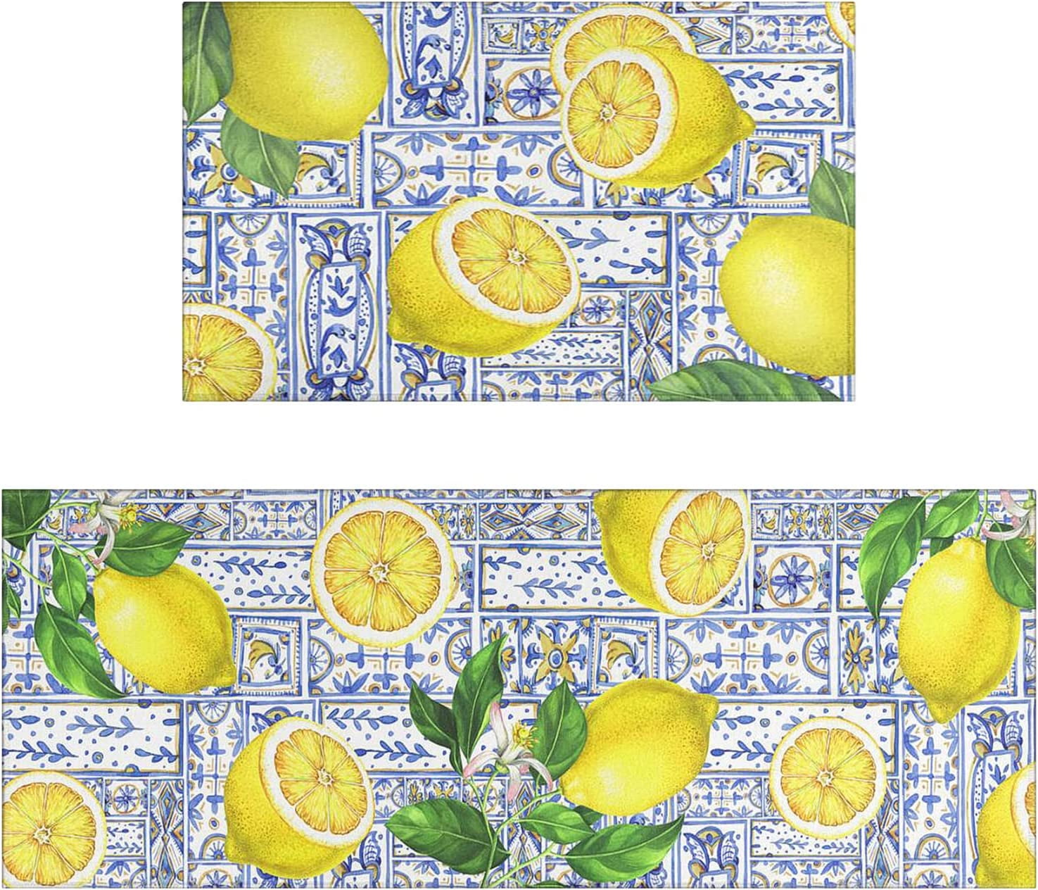 Lemon Kitchen Rug Mat, Watercolor Lemon Kitchen Rugs Sets of 2 Washable