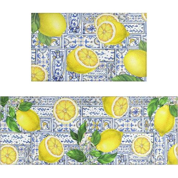 Lemon Kitchen Rug Mat, Watercolor Lemon Kitchen Rugs Sets of 2 Washable Non-Slip Kitchen Mats for Floor 2 Piece, Lemon Kitchen Decor Decorations