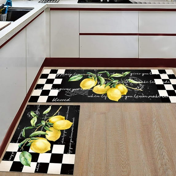 Lemon Kitchen Rugs, Kitchen Mats for Floor, Lemon Black White Buffalo Plaid Kitchen Rug, Kitchen Organization Non-Slip Kitchen Mat, Anti-Fatigue Mat Kitchen Floor Mats, Lemon Kitchen Decor Runner Rug