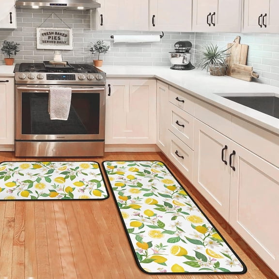 Lemon Kitchen Rugs and Mats Non Skid Washable Absorbent Microfiber Kitchen Mat for Floor Anti Fatigue Kitchen Mat Set of 2 Lemon Kitchen Decor Stain Resistant 17"x47.2"+17"x30"