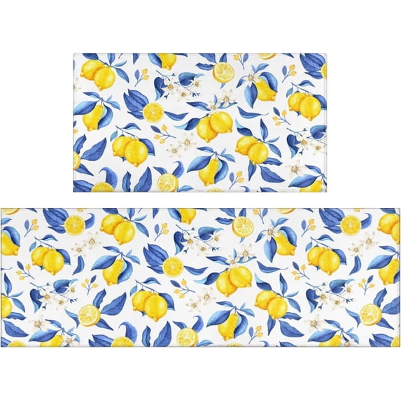 Lemon Kitchen Rugs and Mats Set of 2, Blue and Yellow Lemon Summer Farmhouse Non-Skid Washable for Kitchen Floor Sink Mats Decor and Accessories 17"x30"+17"x47"