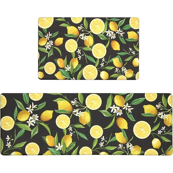 Lemon Kitchen Rugs Mats Set 2 Pieces Anti Fatigue Cushioned Kitchen Floor Runner Rug Set Wipe Clean Non Slip Waterproof Standing Mat for Kitchen Office Laundry Room, 17"x27.5"+17"x47",Black