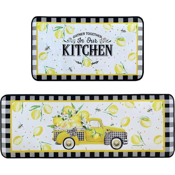 Lemon Kitchen Rugs,Non Skid Washable Microfiber mats for Kitchen Floor, Lemon Truck Theme Kitchen Cushioned Runner Rug Decor Sets of 2 Pieces,17"x 47"+17"x 30"