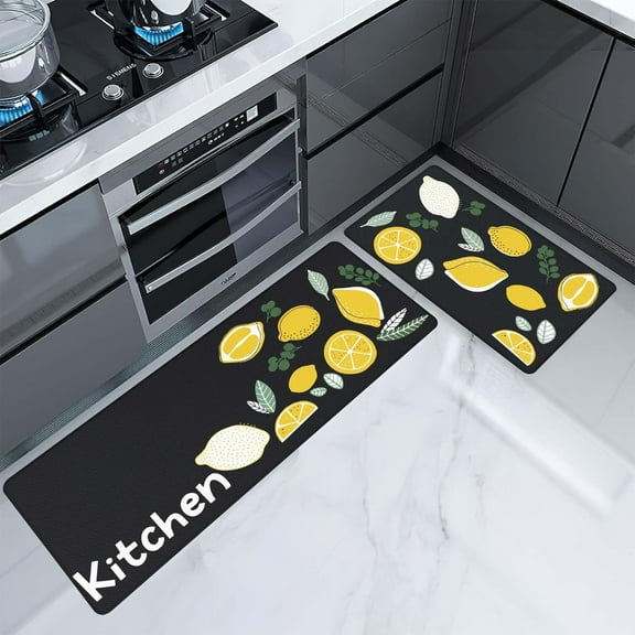 Lemon Kitchen Rugs Set of 2, Anti Fatigue Cushioned Kitchen Mat for Floor, Non-Slip Waterproof Standing Kitchen Runner for Kitchen Sink 17"x47"+17"x29"