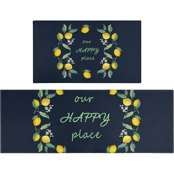 Lemon Kitchen Rugs Set of 2,Farmhouse Lemon Kitchen Rugs and Mats Non Skid Washable,Lemon Kitchen Decor and Accessories,Country Navy Lemon Runner Rugs (17"x47"+17"x30")