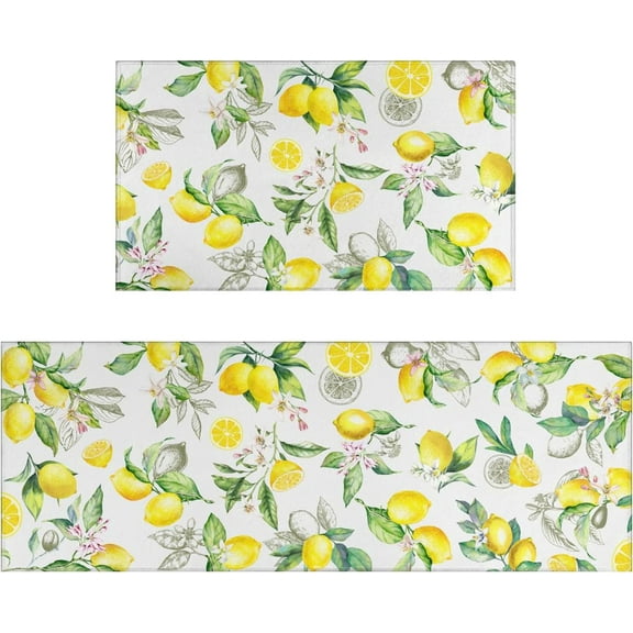 Lemon Kitchen Rugs Set of 2, Farmhouse Lemon Kitchen Rugs and Mats Non-Slip Washable, Lemon Kitchen Decor Floor Mats for Kitchen Sink Laundry Room, 17x30+17x47 Inch Yellow