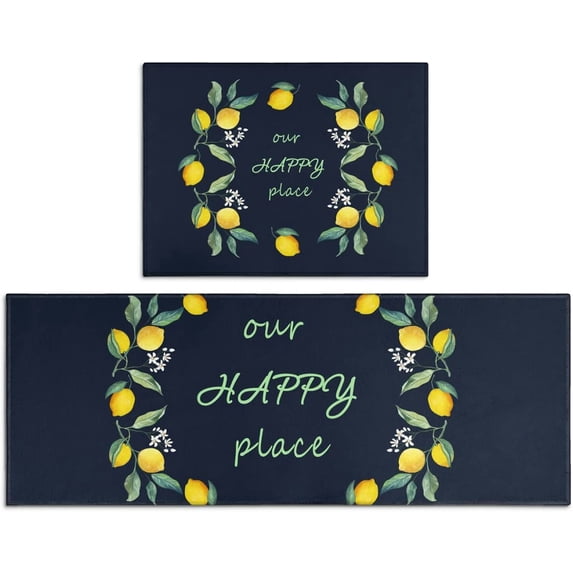 Lemon Kitchen Rugs Set 2 Piece Colorful Spring/Summer Lemon Floral Leaves Decorative Rugs for Kitchen Low-Profile Floor Mats Decorations for Home Kitchen (17"x48"+17"x24" Navy Blue Rugs)