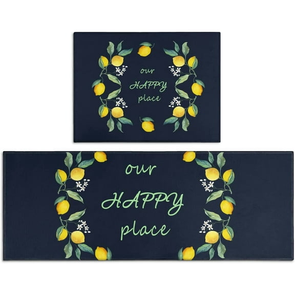 Lemon Kitchen Rugs Set 2 Piece Colorful Spring/Summer Lemon Floral Leaves Decorative Rugs for Kitchen Low-Profile Floor Mats Decorations for Home Kitchen (17"x48"+17"x24" Navy Blue Rugs)
