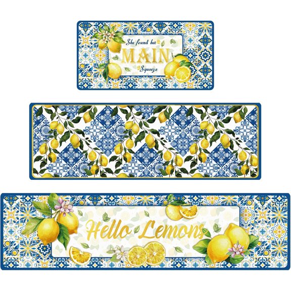 Lemon Kitchen Rugs Set of 3, Non-Slip Yellow and Blue Lemon Print Kitchen Mats, Absorbent Summer Fruit Carpet Rug for Home Dining Room Bedroom Decorations 18''x31''+18''x47''+18''x60''