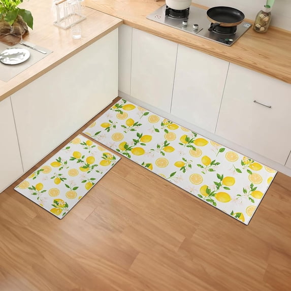 Lemon Kitchen Rugs Sets of 2, Kitchen Mats for Floor, Washable Non Slip Rubber Backing Kitchen Mats for Kitchen, Sink & Laundry, Lemon Kitchen Decor, 17"x30"+17"x47"