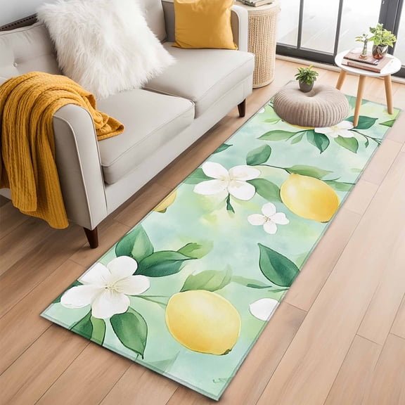 Lemon Kitchen Runner Rug 2x6 Washable Runners for Hallway Non Slip White Floral Spring Country Summer Fruit Large Area Rug Indoor Floor Carpet for Bathroom Laundry Entryway Bedroom Living Room