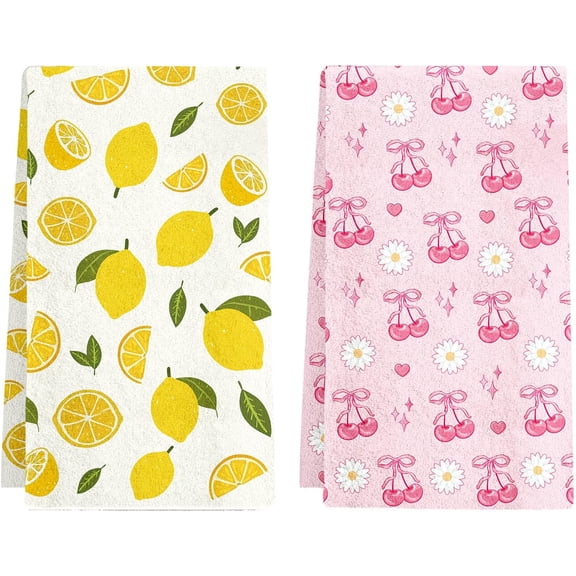 Lemon Kitchen Towels Set of 2 - Italian Lemons KitchenTowels with Cherry Design, Cute Cherry Dish Towel for Drying, Italian Lemons Souvenir Gift for Italy Lovers, Lemonade Party Supplies Decor