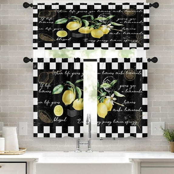Lemon Kitchen Window Curtains Valance and Tier Set 36 Inch Fruit Black White Chessboard Background Rod Pocket Short Tier Curtain, Vintage Small Drapes for Kitchen Decor