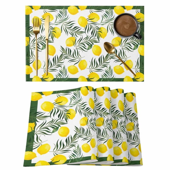 Lemon Leaf Cotton Linen Placemats Set of 8, Watercolor Lemon Floral Palm Leaf Green Border Washable Table Place Mats Heat Insulating Placemat for Dining Room Kitchen Daily Use 13 x 19 Inch
