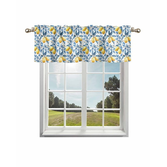 Lemon Leaf Curtain Valance for Windows/Living Room/Kitchen/Bathroom/Café, Short Rod Pocket Tier Curtain Window Treatment Panel Yellow Fruit Blue Botanical Plant Summer Topper Curtain 42''x12''