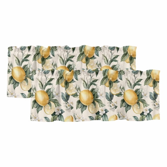 Lemon Leaf Curtain Valances for Windows, Kitchen Valance Window Treatments Panel 2 Pack, Floral Flower Summer Spring Watercolor Fruit Rod Pocket Short Curtains for Bathroom Bedroom 42 x 18 Inch