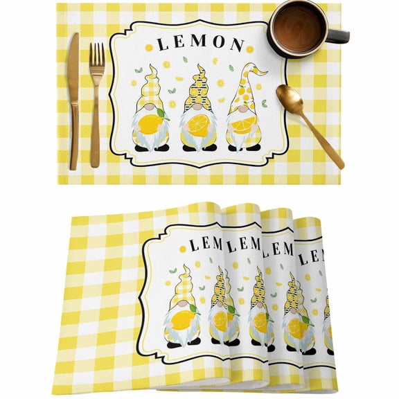 Lemon Leaf Gnome Placemats Set of 4,Wipeable Washable Table Mats for Dining Tables,Summer Yellow Plaid Place Mats for Kitchen Event Party Tabletop Decor