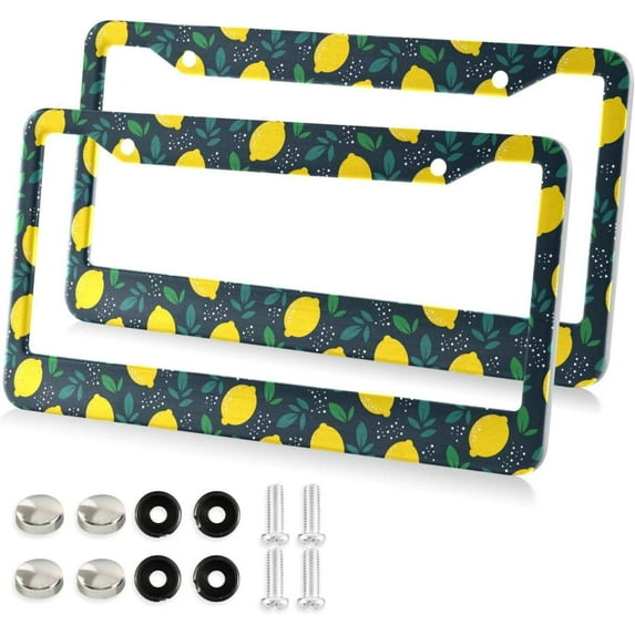 Lemon Leaf License Plate Frame, Decorative Aluminum Car Tag Frames, 2 Pack Universal Car License Plate Covers with 2 Holes and Screws