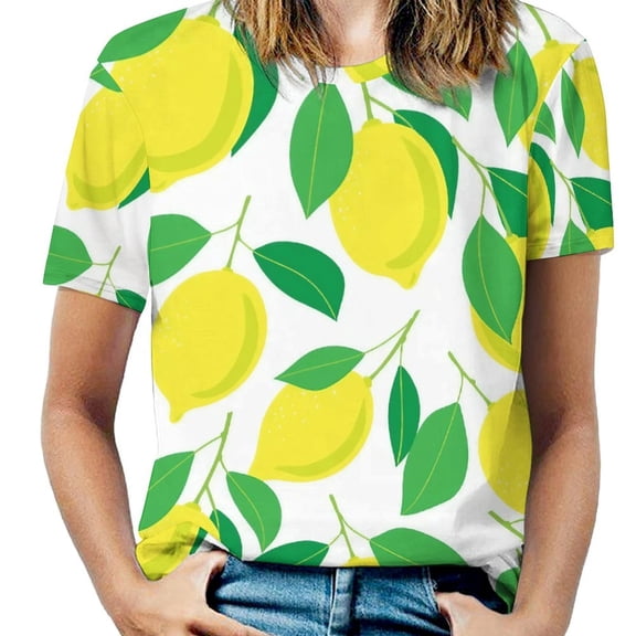 Lemon Leaf Pattern Womens Tops Women's Fashion Casual Short Sleeve Flower Print Round Neck Pullover Top Blouse