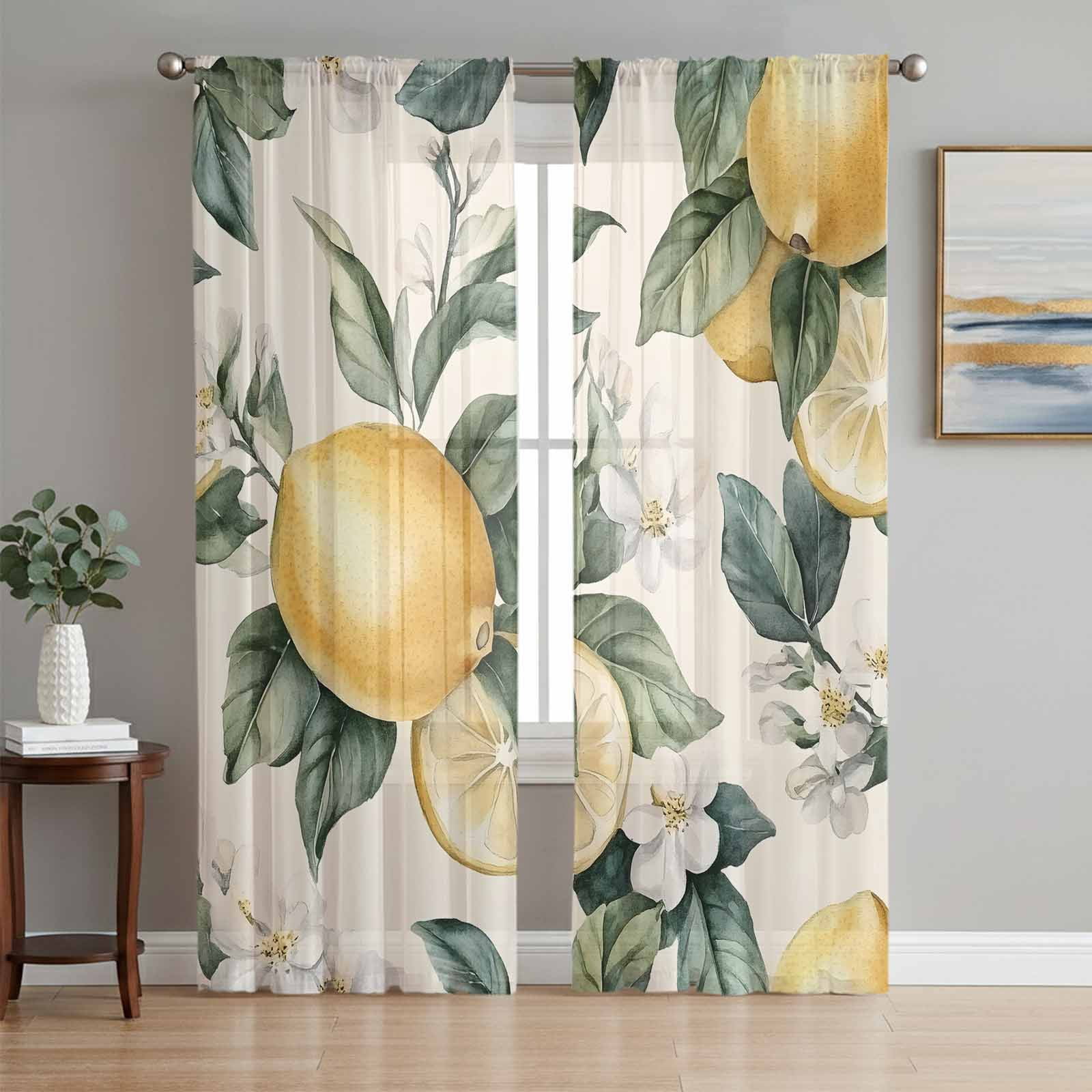 Lemon Leaf Sheer Curtains 72 Inch Length 2 Panels Set, Floral Flower ...