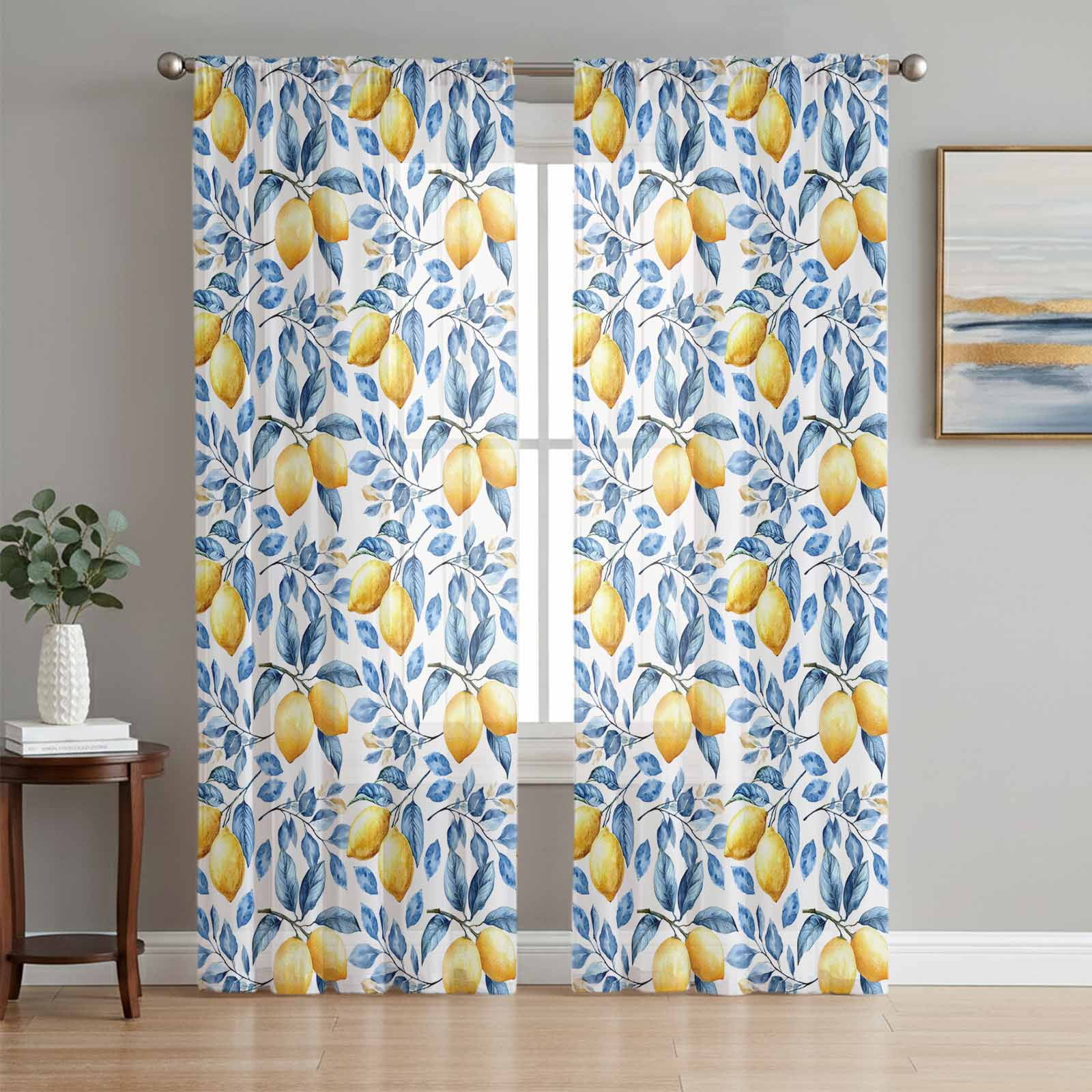 Lemon Leaf Sheer Curtains 72 Inch Length 2 Panels Set, Yellow Fruit ...