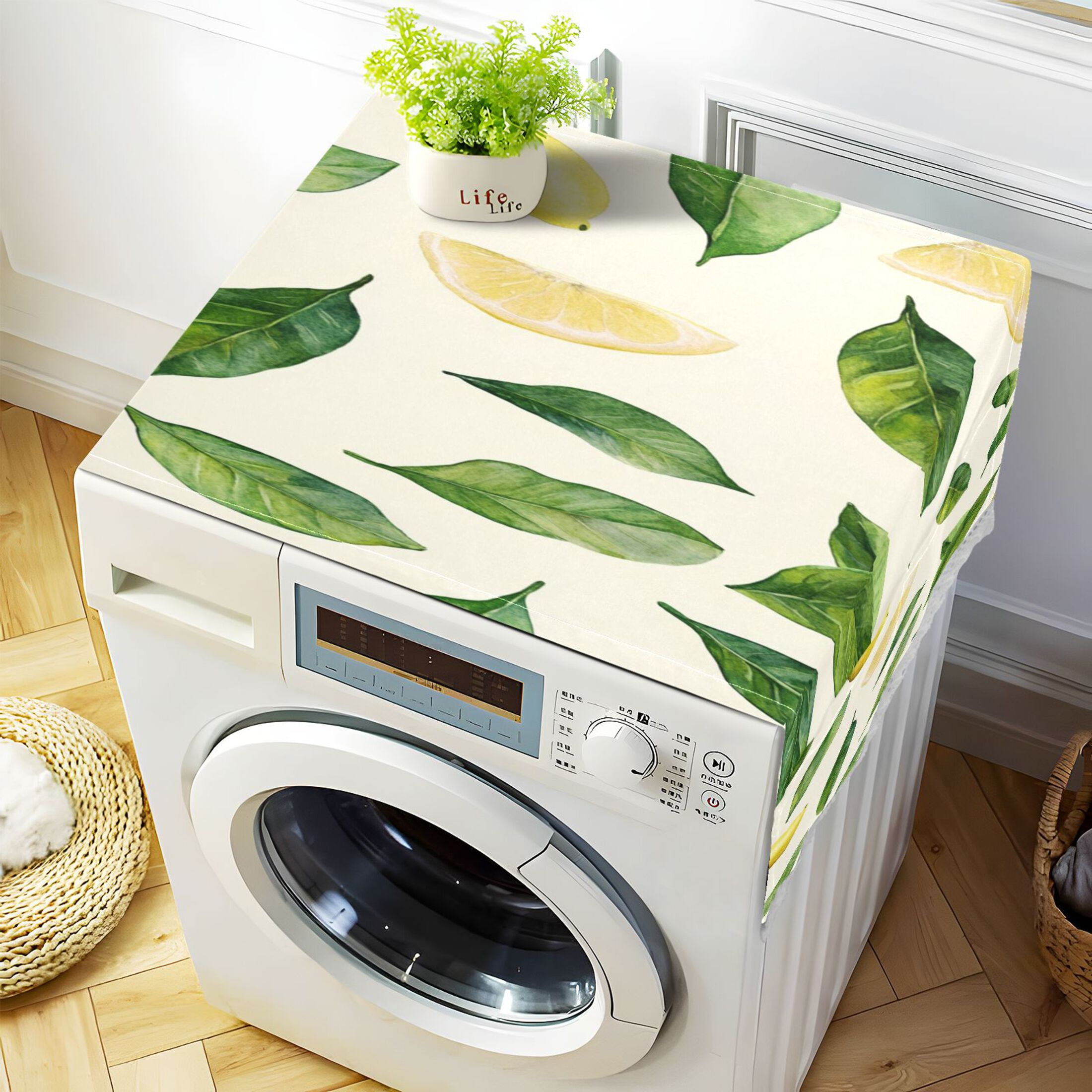 Lemon LeafWasher and Dryer Covers Dust-Proof and Oil Resistant Fridge Cover with 4 Storage Pockets Washing Machine Top Cover for Laundry Kitchen Home 51.2 x 22 In