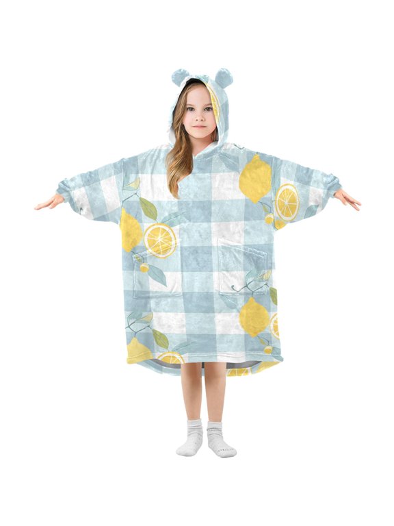 Lemon Leaves Blue-white Plaid Flannel Wearable Blankets Hooded Design Long Sleeves Wrap Unisex for 3T-14Y S