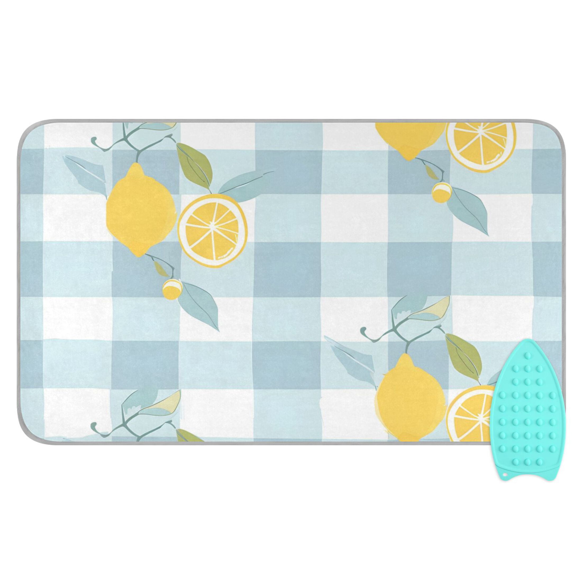 Lemon Leaves Blue-white Plaid Ironing Mat Blanket Portable Travel Ironing Pad Heat Resistant Pad 47.2" x 27.6”